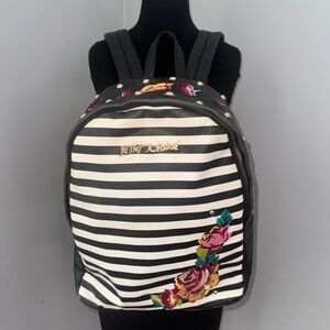 Betsey Johnson Black and White Striped Floral Backpack